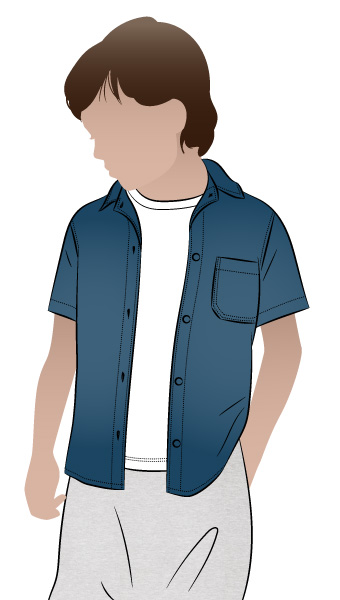 Rhys Kids Overshirt by Style Arc - Button-up shirt with short sleeves and a classic collar, for kids 2-14