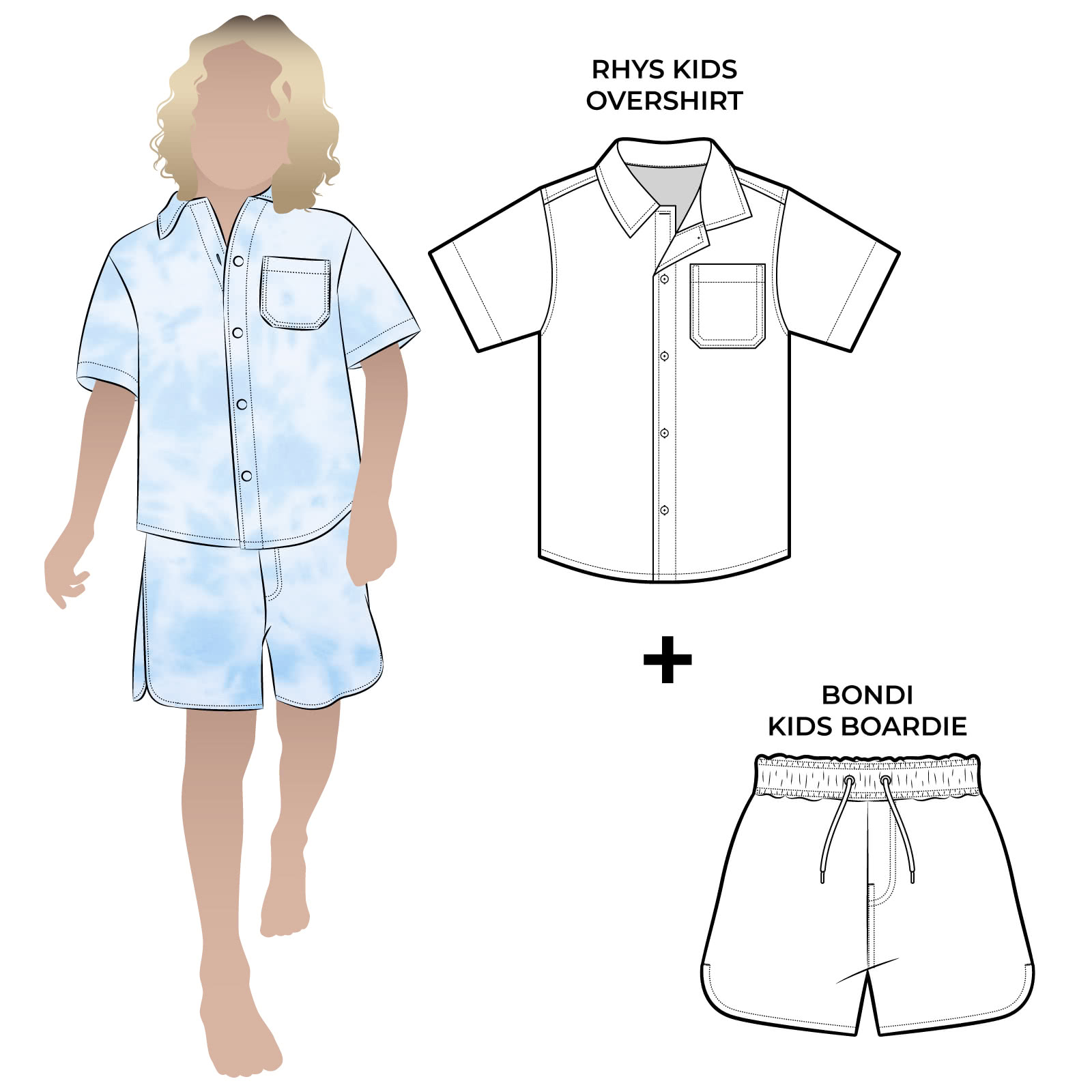 Rhys Overshirt and Bondi Short Kids Bundle Rhys Overshirt and Bondi Short Kids Bundle By Style Arc - In this fabulous discounted pattern bundle you will receive our Rhys Overshirt with a button front opening, short sleeve and collared shirt, paired with our Bondi Boardie, an elastic waist short with faux fly and option cord ties for kids 2-8