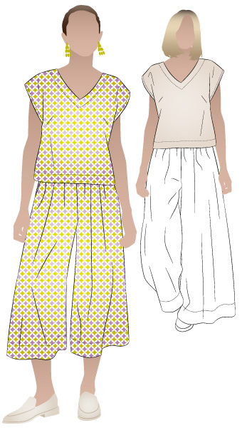 Rumi Bundle By Style Arc - The Rumi Bundle includes beginner-friendly wide-leg pants and an A-line skirt, both with elastic waist and pockets, and a square-shaped top with two neckline options and optional side seam ties.
