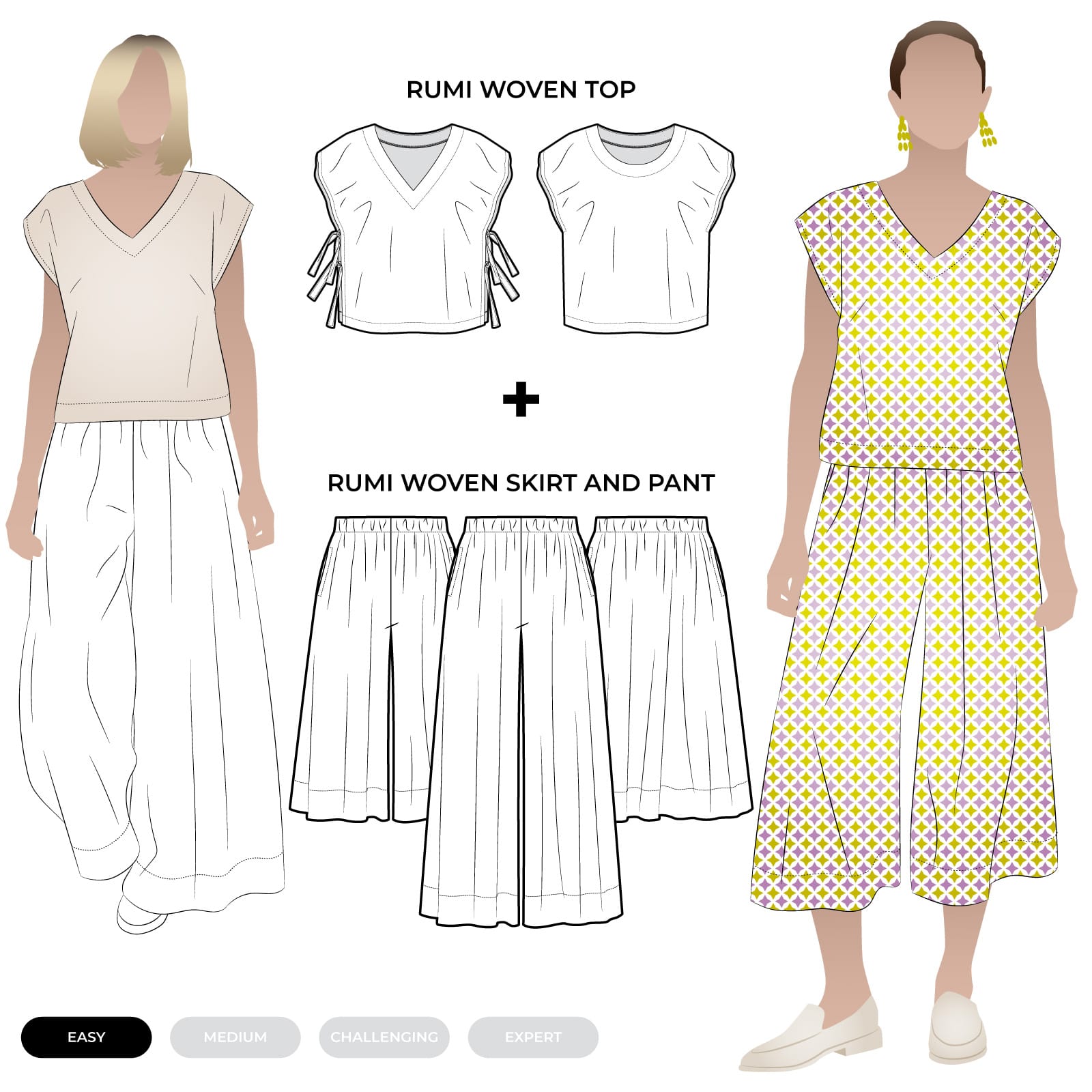 Rumi Bundle Rumi Bundle By Style Arc - The Rumi Bundle includes beginner-friendly wide-leg pants and an A-line skirt, both with elastic waist and pockets, and a square-shaped top with two neckline options and optional side seam ties.