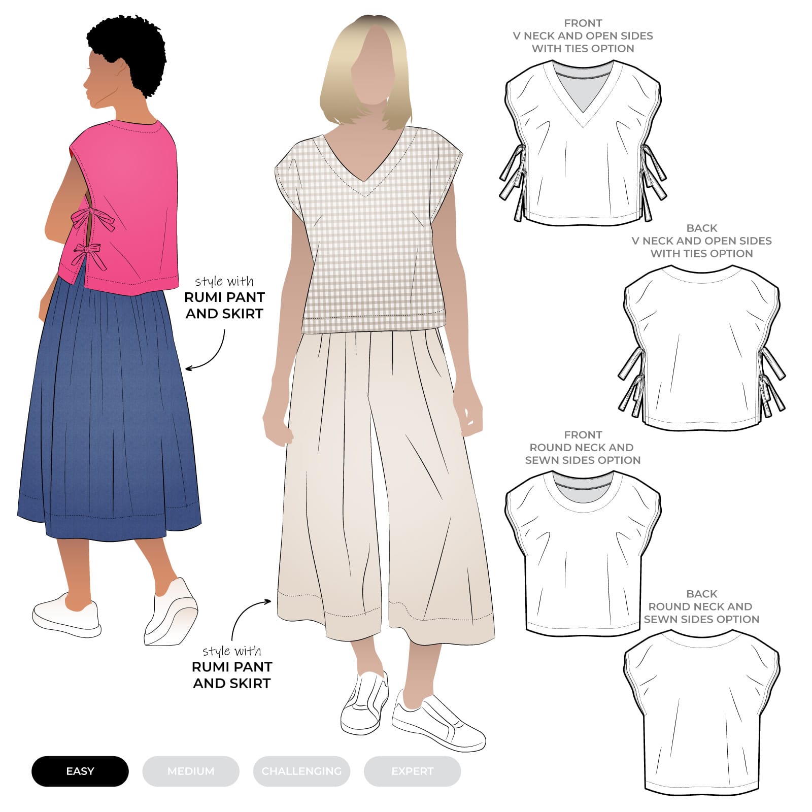 Rumi Woven Top Rumi Woven Top by Style Arc - Beginner-friendly, square-shaped top with round or V-neck options and optional side ties. Perfect to pair with the Rumi Pants and Skirt.