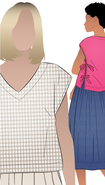 Rumi Woven Top by Style Arc - Beginner-friendly, square-shaped top with round or V-neck options and optional side ties. Perfect to pair with the Rumi Pants and Skirt.