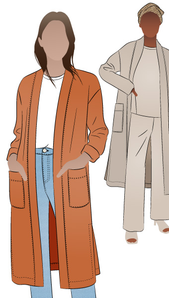 Sigrid Knit Coat by Style Arc - Longline coat with patch pockets and full-length sleeves