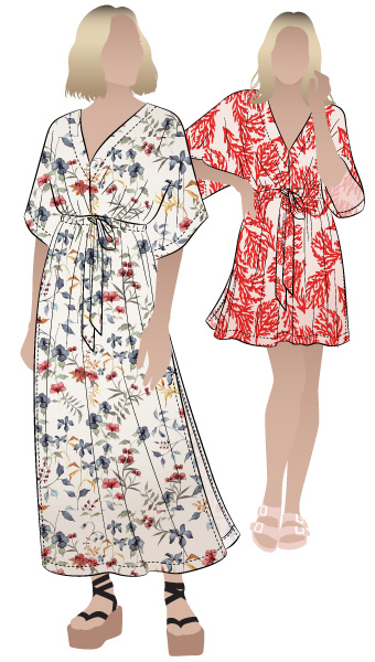 Summer Coverup by Style Arc - Dress with a "V" neck, wide sleeves, drawstring under bust and includes a short or long skirt.