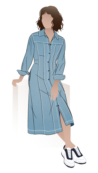 Tatum Woven Dress by Style Arc - Panelled button through waisted A-line fitted shirt dress with long sleeves and collar.