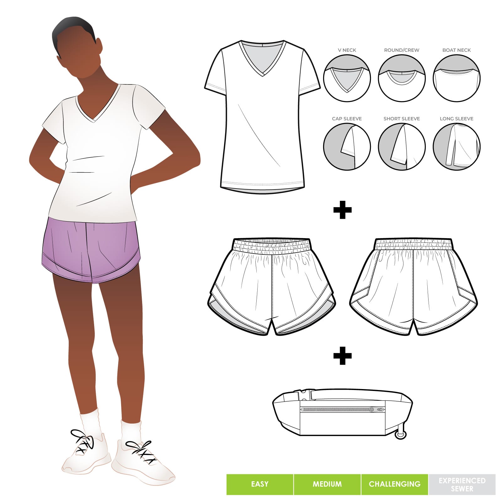 The Ellis Knit T and Sunday Active Short and Sunday Running Belt Sewing Pattern Bundle By Style Arc The Ellis Knit T and Sunday Active Short and Sunday Running Belt Sewing Pattern Bundle By Style Arc - An activewear set to keep you looking stylish while you're getting fit.