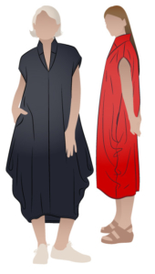 Toni Designer Dress by Style Arc - Designer dress featuring a stand collar, extended shoulder line and a wide hip drape falling into a narrow hemline