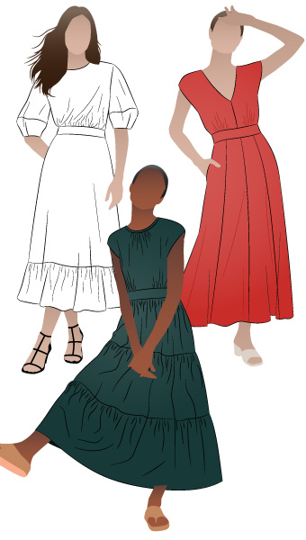 Trinnie Extension Pack By Style Arc - You will need the original Trinnie Woven Dress pattern to use the sleeves in this extension pack. The extension pack includes 2 new bodices, skirts and sleeves.