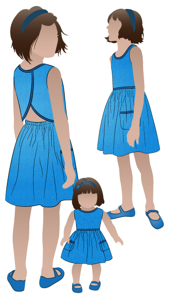 Tulip Kids Dress By Style Arc - Round neck dress with gathered skirt and open back with snap closure, for kids 2-8. Doll"s Dress pattern included for 45cm (18")