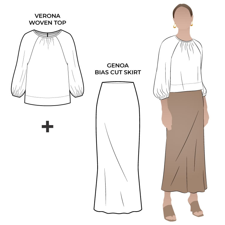 Verona Woven Top and Genoa Bias Cut Skirt Sewing Pattern Bundle By Style Arc Verona Woven Top and Genoa Bias Cut Skirt Sewing Pattern Bundle By Style Arc - On trend easy fit statement sleeve top and ankle length bias cut skirt bundle..