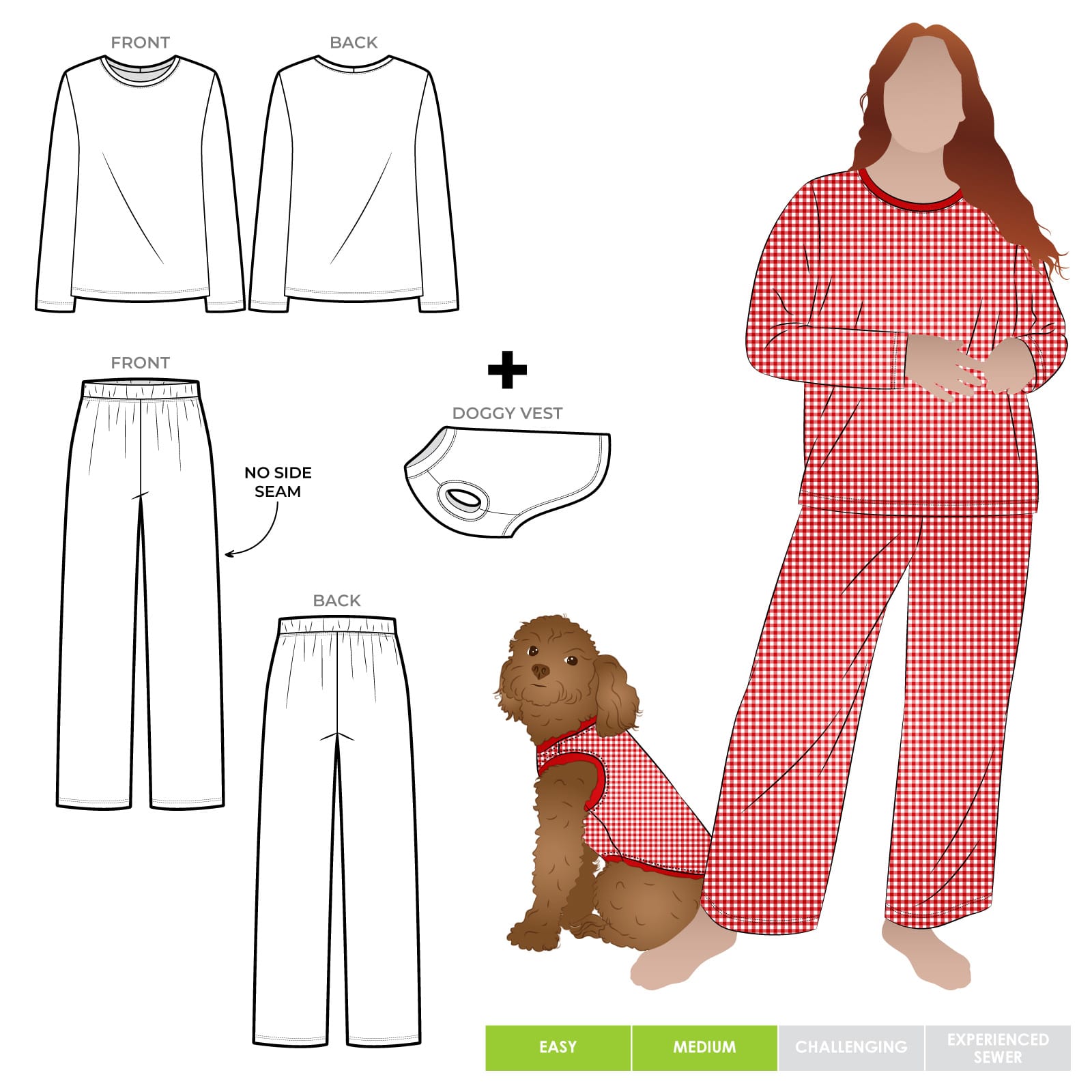 Womens Knit PJs and Doggy Vest Sewing Pattern Bundle By Style Arc Womens Knit PJs and Doggy Vest Sewing Pattern Bundle By Style Arc - Traditional women's knit pyjama pattern plus a cozy pull-on knit dog vest layered pattern in sizes XS-XL (see Description for breed size guide).
