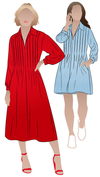 Xanthe Woven Dress By Style Arc - "A" line dress featuring front tucks, long sleeves, "V" neck and collar.